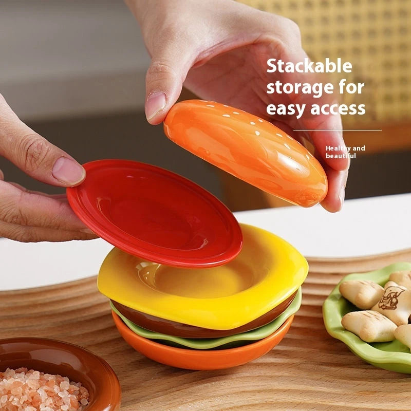 Six-piece stackable ceramic bowls in bright orange yellow red green brown colors