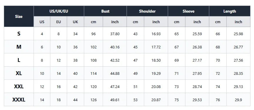 Size chart displaying measurements for hoodie sizes S through XXXL in centimeters and inches.