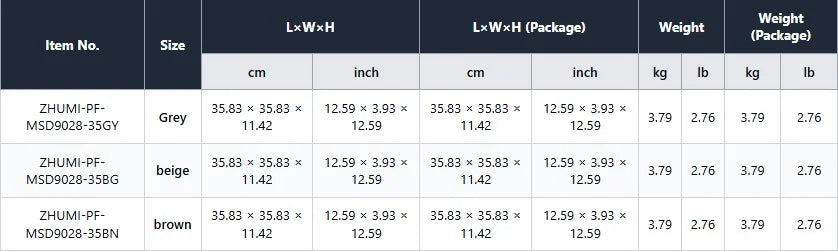 Size chart for cat tunnel bed showing measurements in centimeters and inches for beige, brown, and grey models