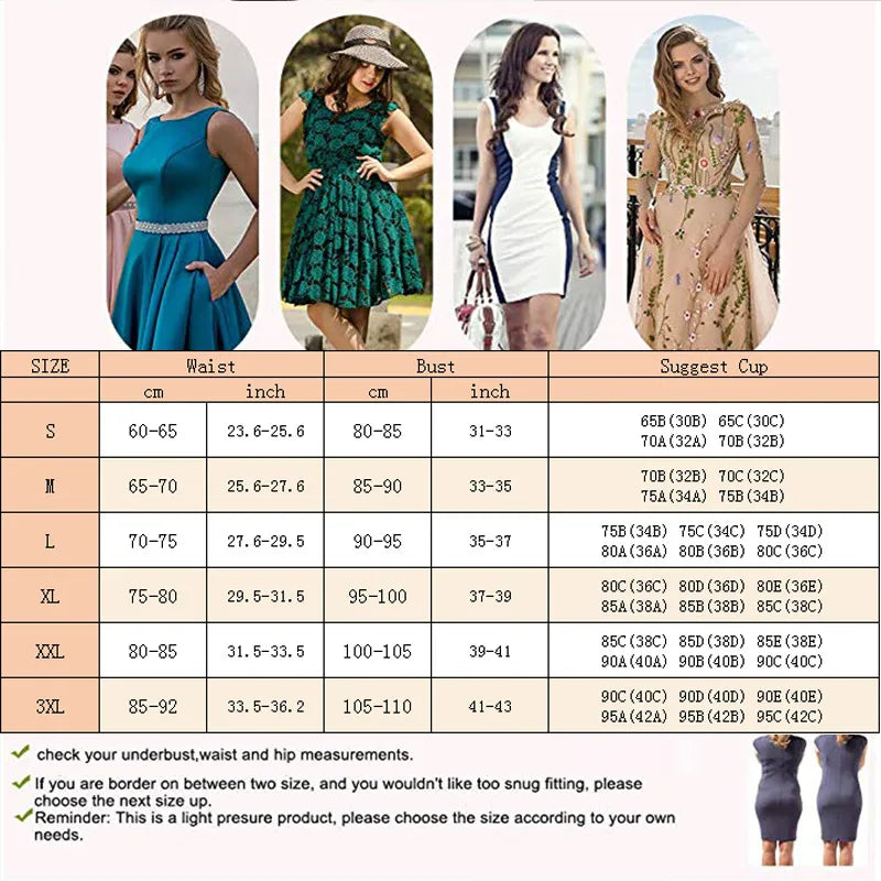 Size chart for shapewear bodysuit showing waist bust hip measurements