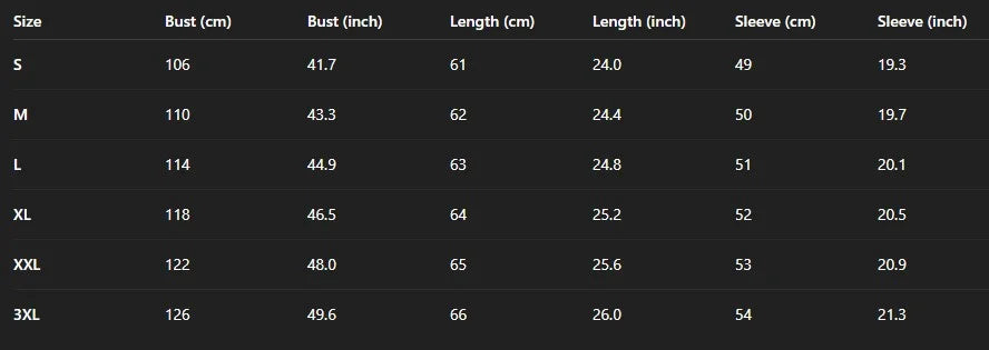 Size chart for the men’s knitted cardigan showing bust, length, and sleeve measurements from S to 3XL