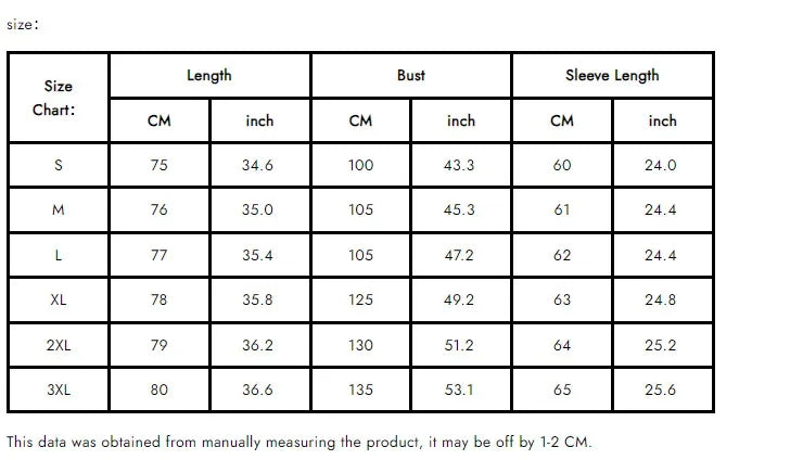 Size chart for the women’s faux fur patchwork coat showing length, bust, and sleeve measurements from S to 3XL