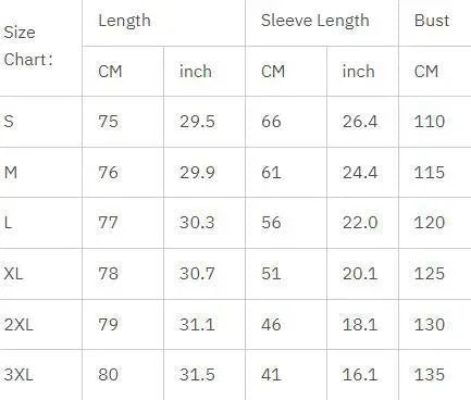 Size chart for women’s denim lapel shirt jacket showing length, sleeve length, and bust measurements from S to 3XL
