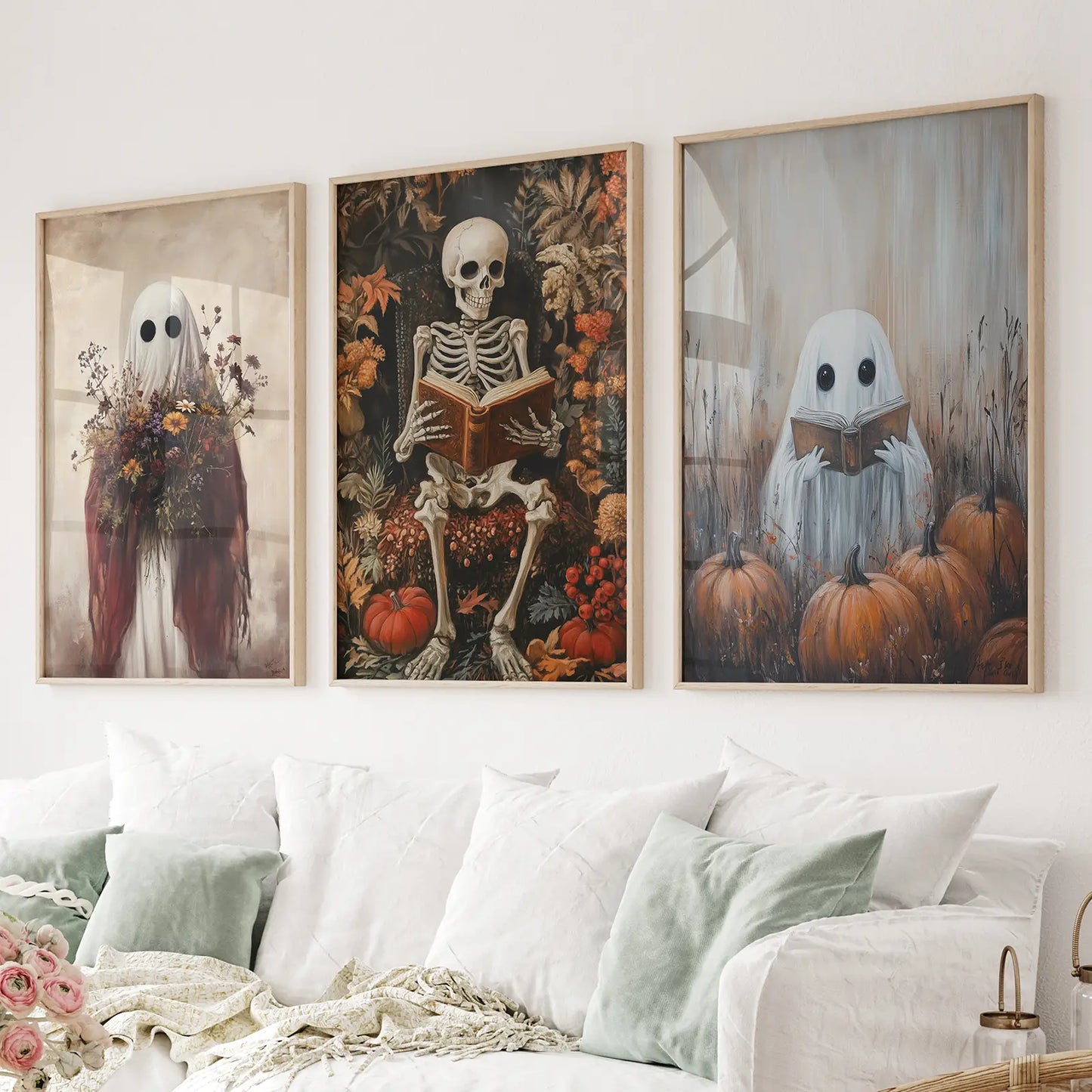 Halloween Skeleton Ghost Wall Art Set of 3 Prints