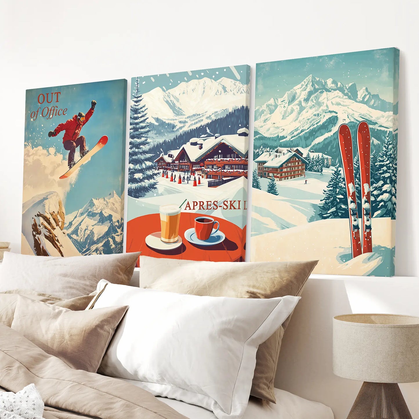 Ski Lodge Wall Art Set of 3 Retro Snowboard Apres Ski