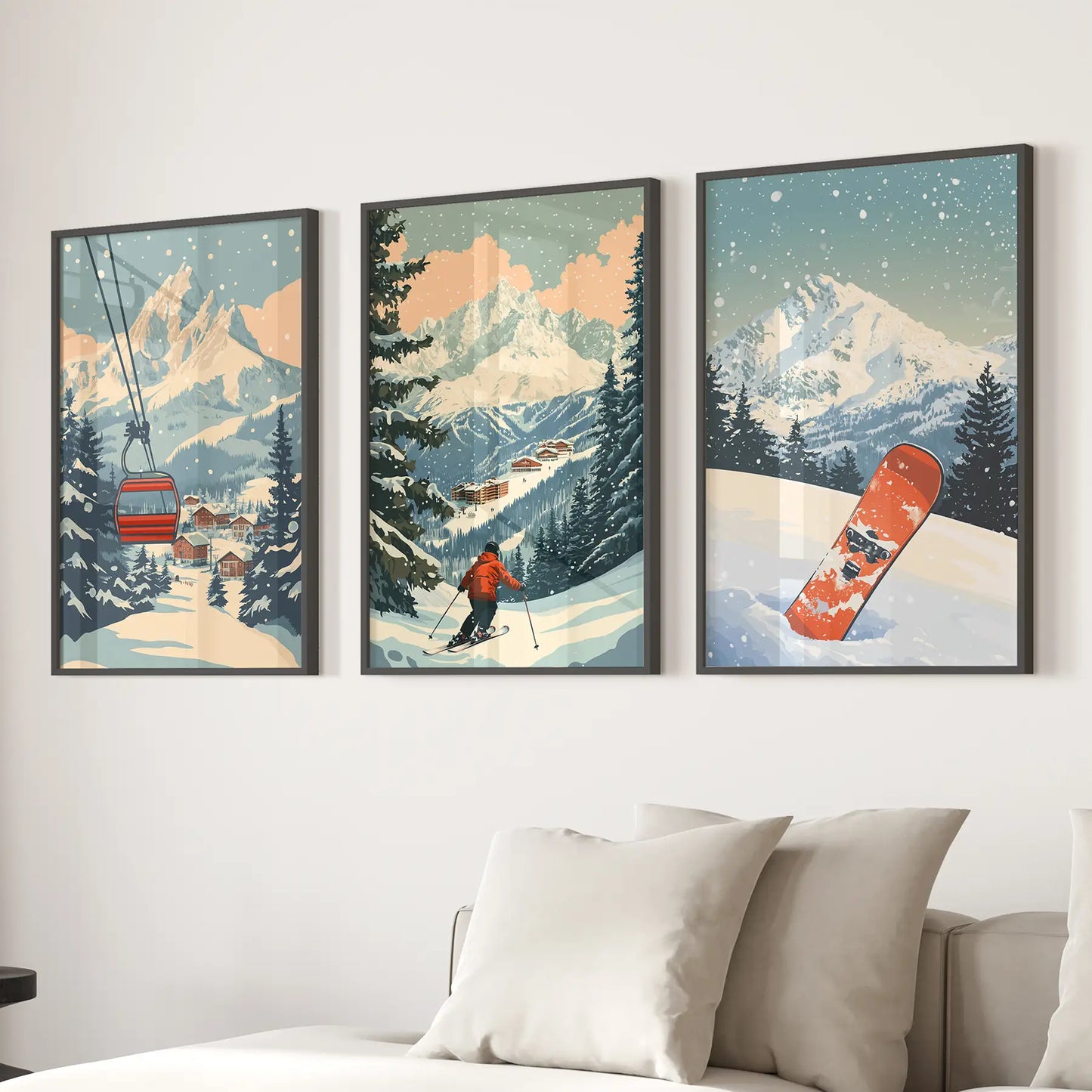 Vintage Ski Wall Art Set of 3 Snowboard and Ski Lift