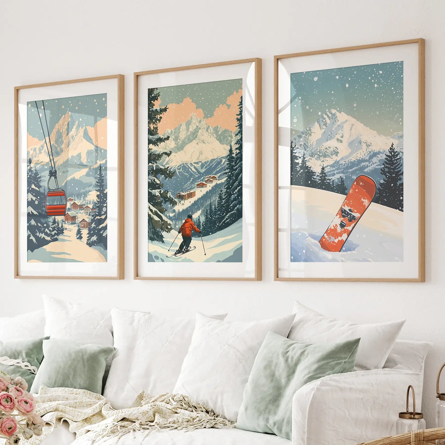 Vintage Ski Wall Art Set of 3 Snowboard and Ski Lift