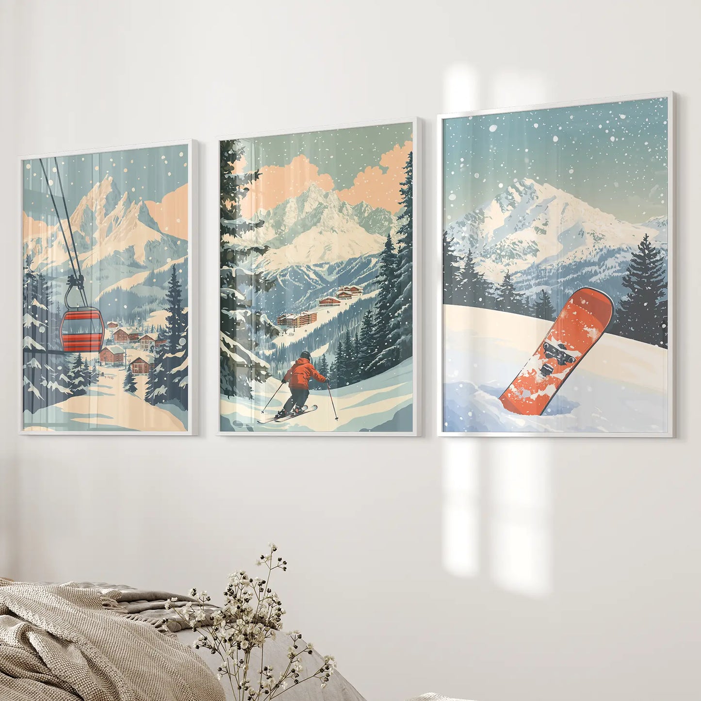 Vintage Ski Wall Art Set of 3 Snowboard and Ski Lift