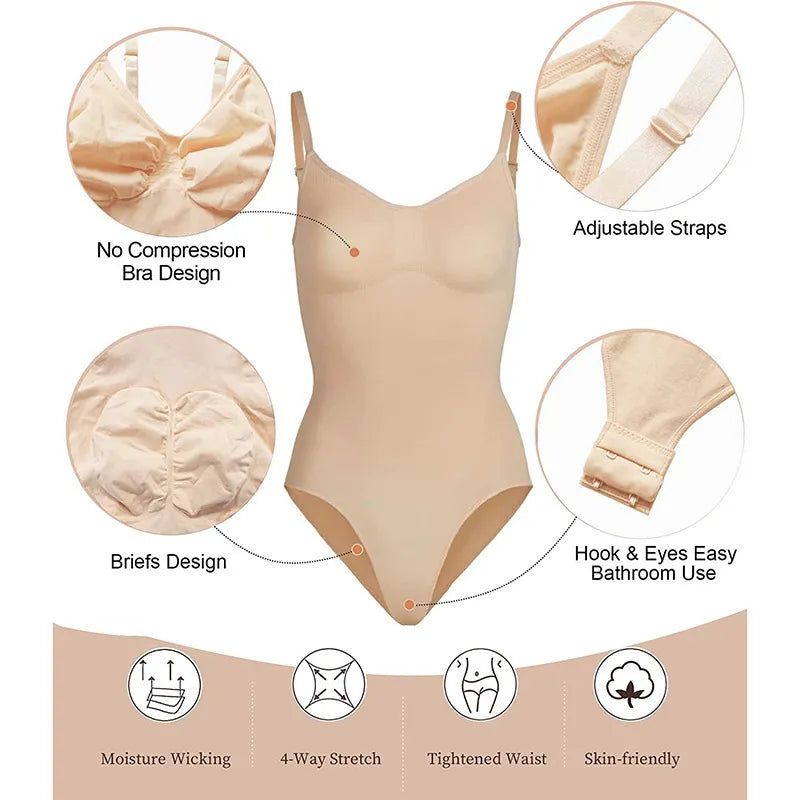 Skin color Shapewear bodysuit features diagram showing 4-way stretch moisture wicking fabric