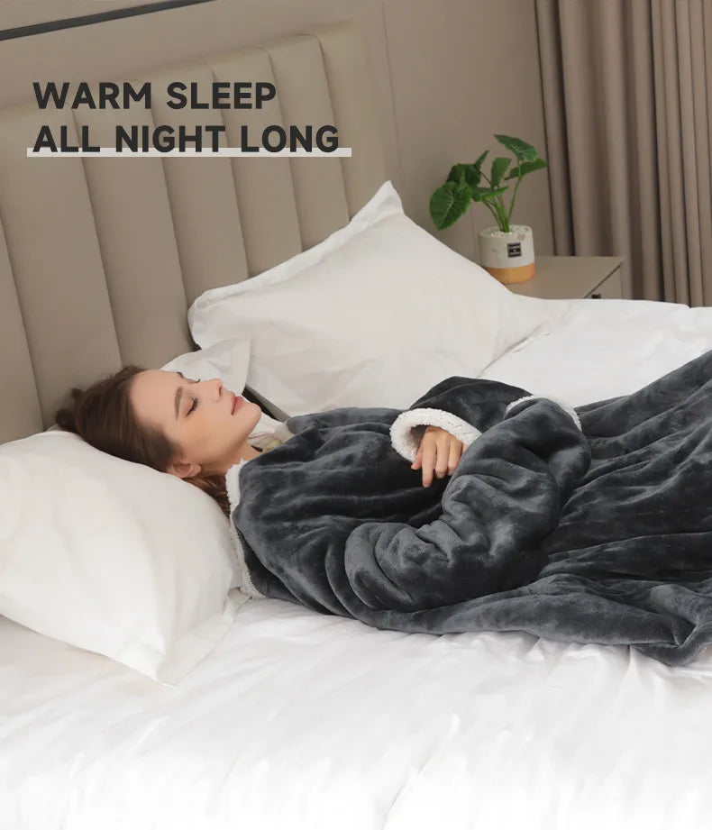 Sleeping heated throw blanket with sleeves and sherpa lining