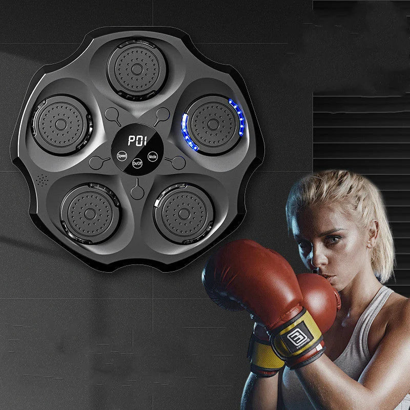 Smart boxing wall target mounted indoors with athlete wearing boxing gloves ready to train