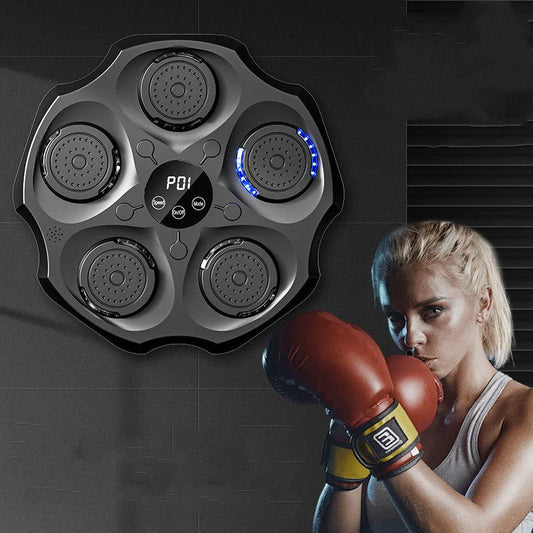 Smart boxing wall target mounted indoors with athlete wearing boxing gloves ready to train