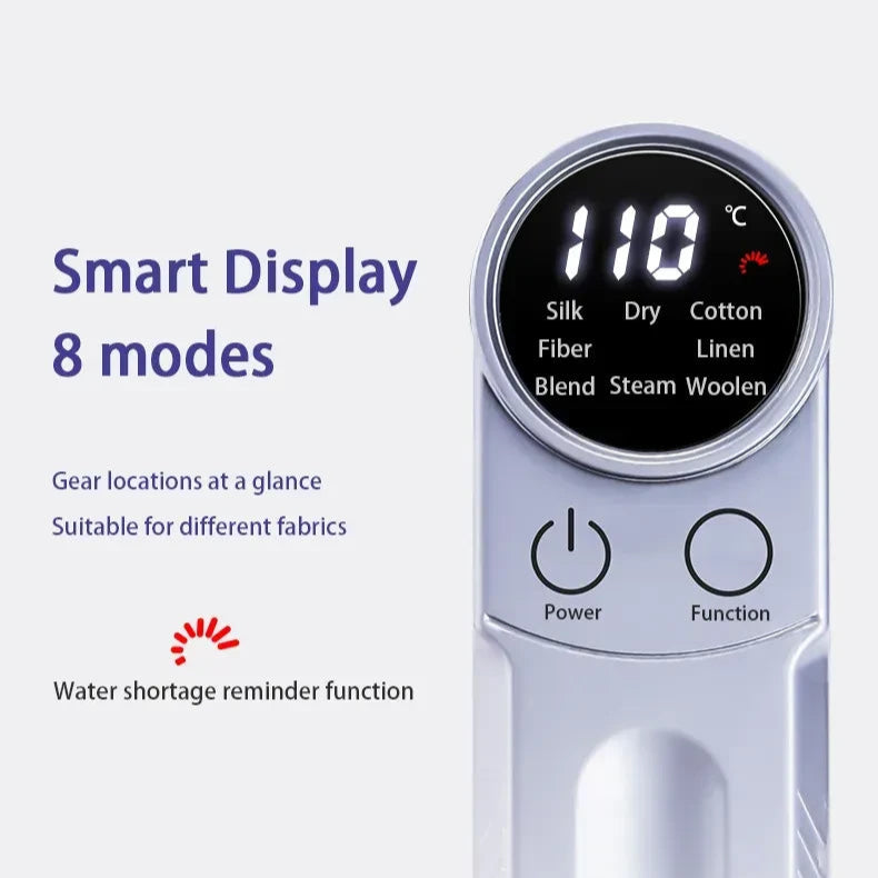Smart display device with temperature control and fabric type options on a white background