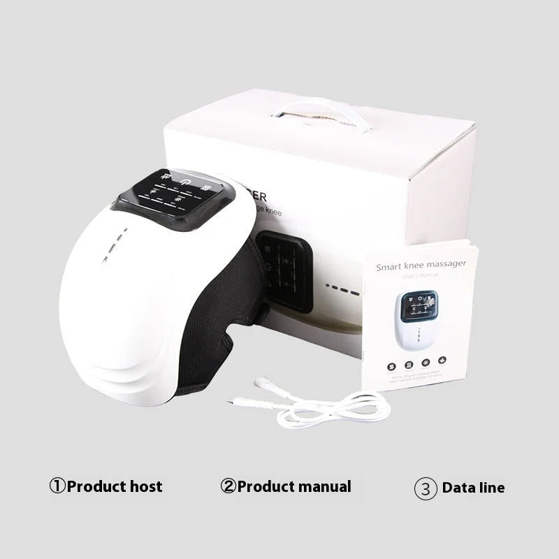 Smart knee massager complete package including device, user manual, USB charging cable, and retail box