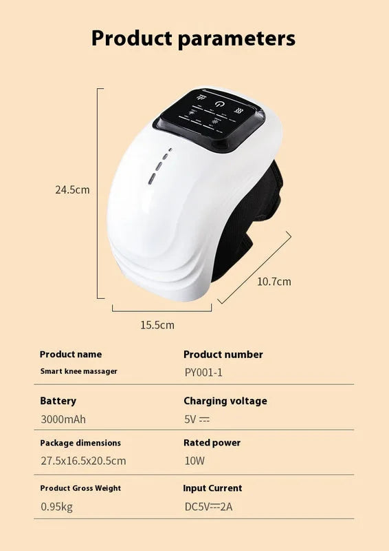 Smart knee massager product specifications showing 3000mAh battery, 10W power, and compact dimensions for portable use