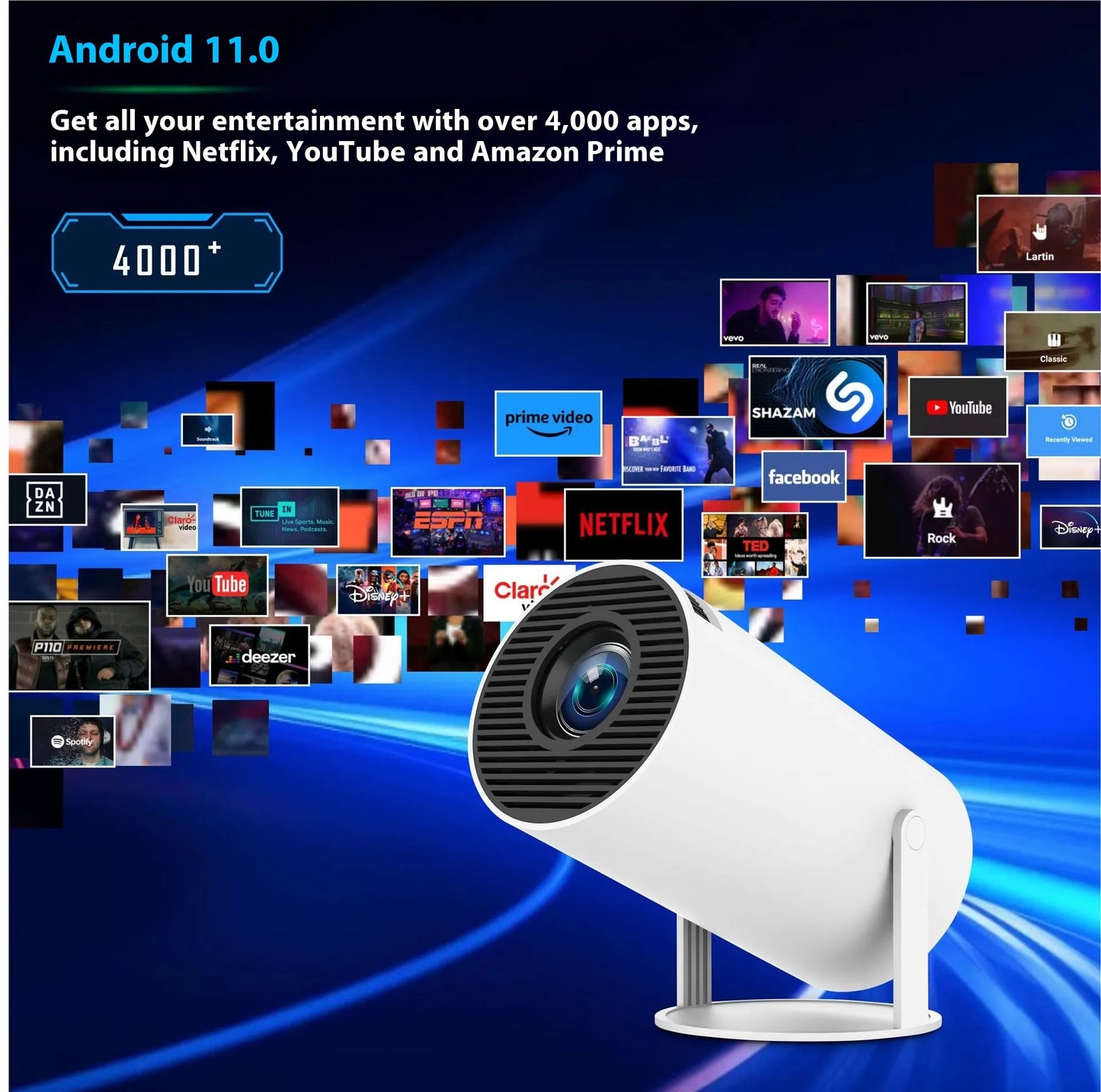 Smart projector Android 11 interface with Netflix YouTube apps