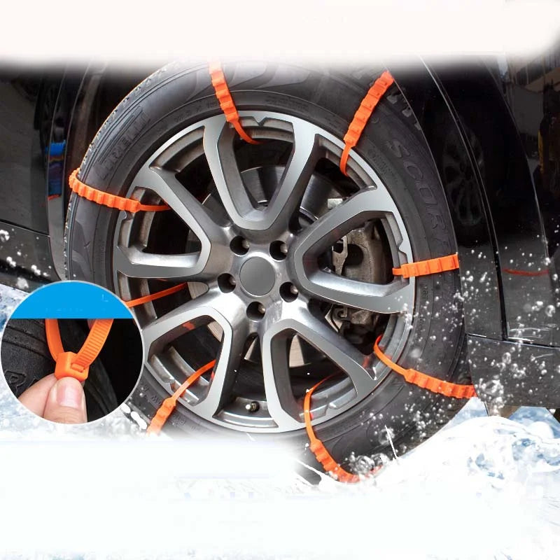 Snow chain cable ties mounted on car wheel driving through snow