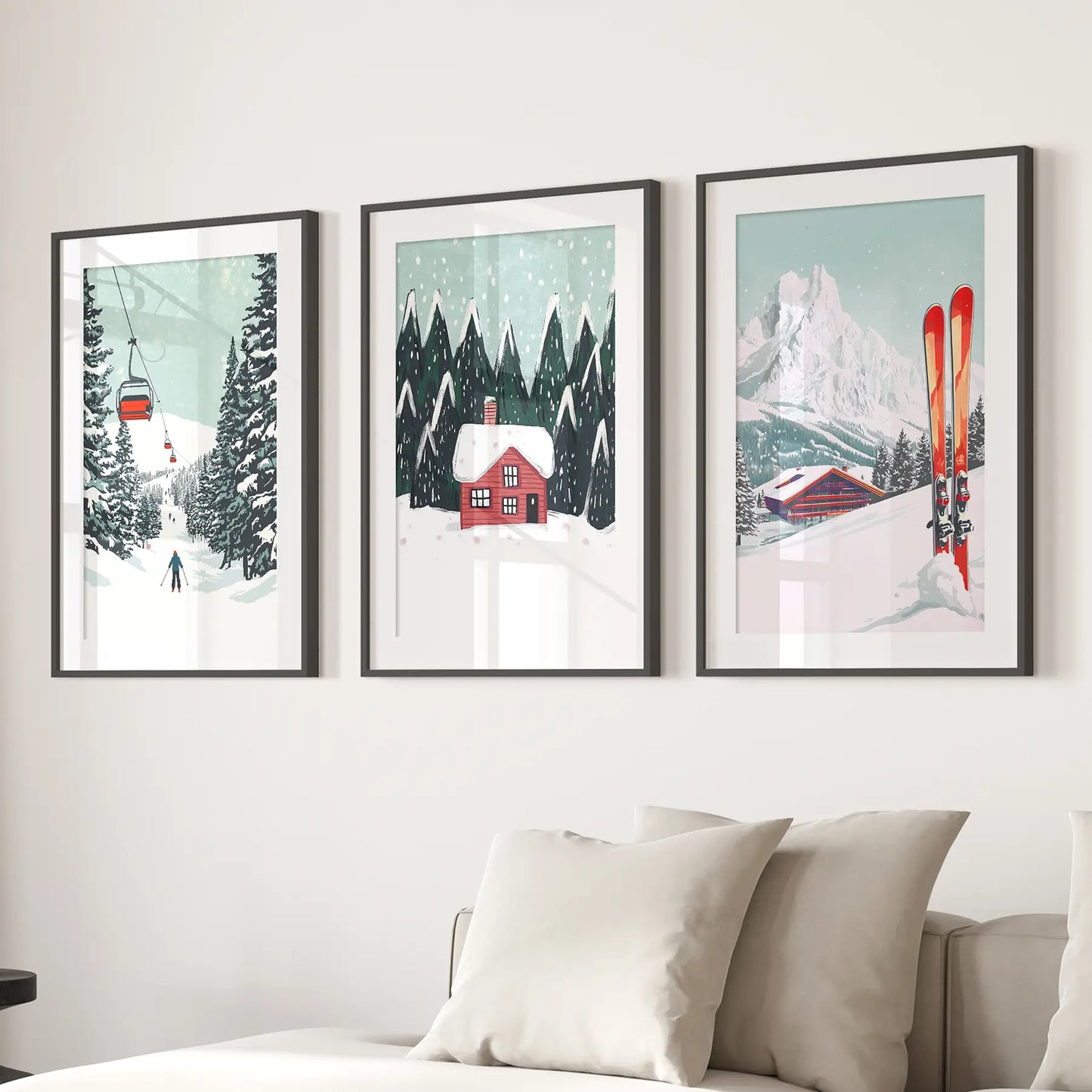 Ski Lifts Cozy Cabin Snowy Peaks Wall Art Set of 3