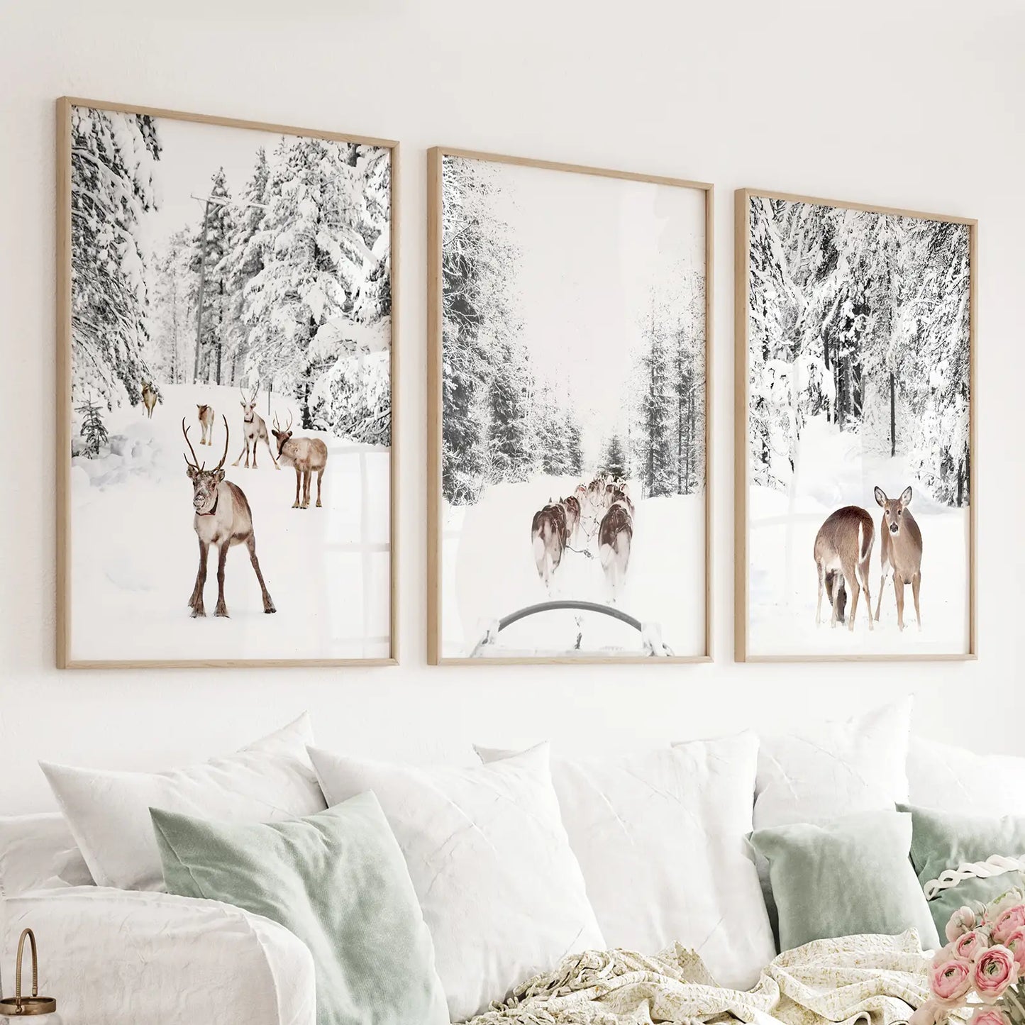 Set of 3 winter woodland wall art prints with a fawn and dog sledding