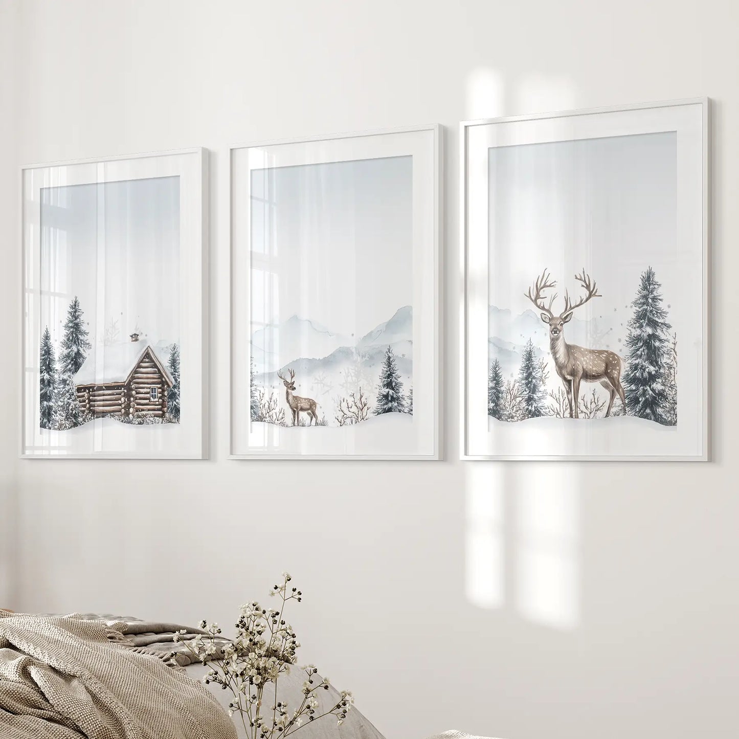 Snowy Deer Winter Wall Art, Woodland 3 Piece Set