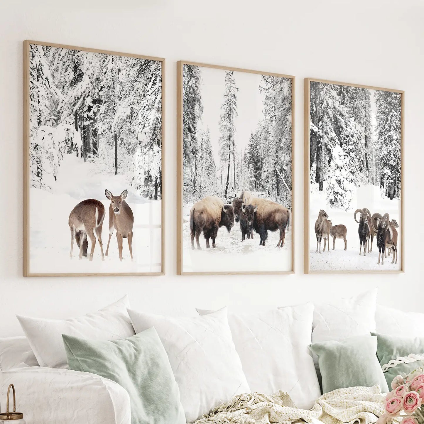 Winter animals wall art buffalo deer goat set of 3