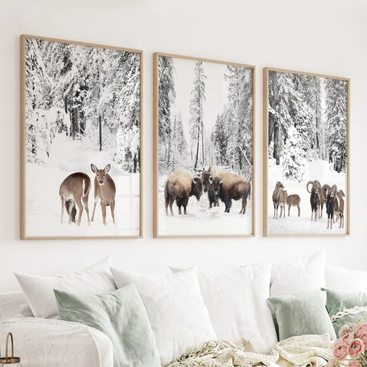 Winter animals wall art buffalo deer goat set of 3