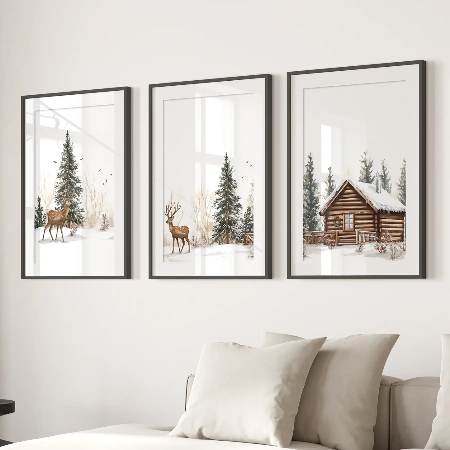 Deer and Cabin Winter 3 Piece Rustic Nordic Wall Art