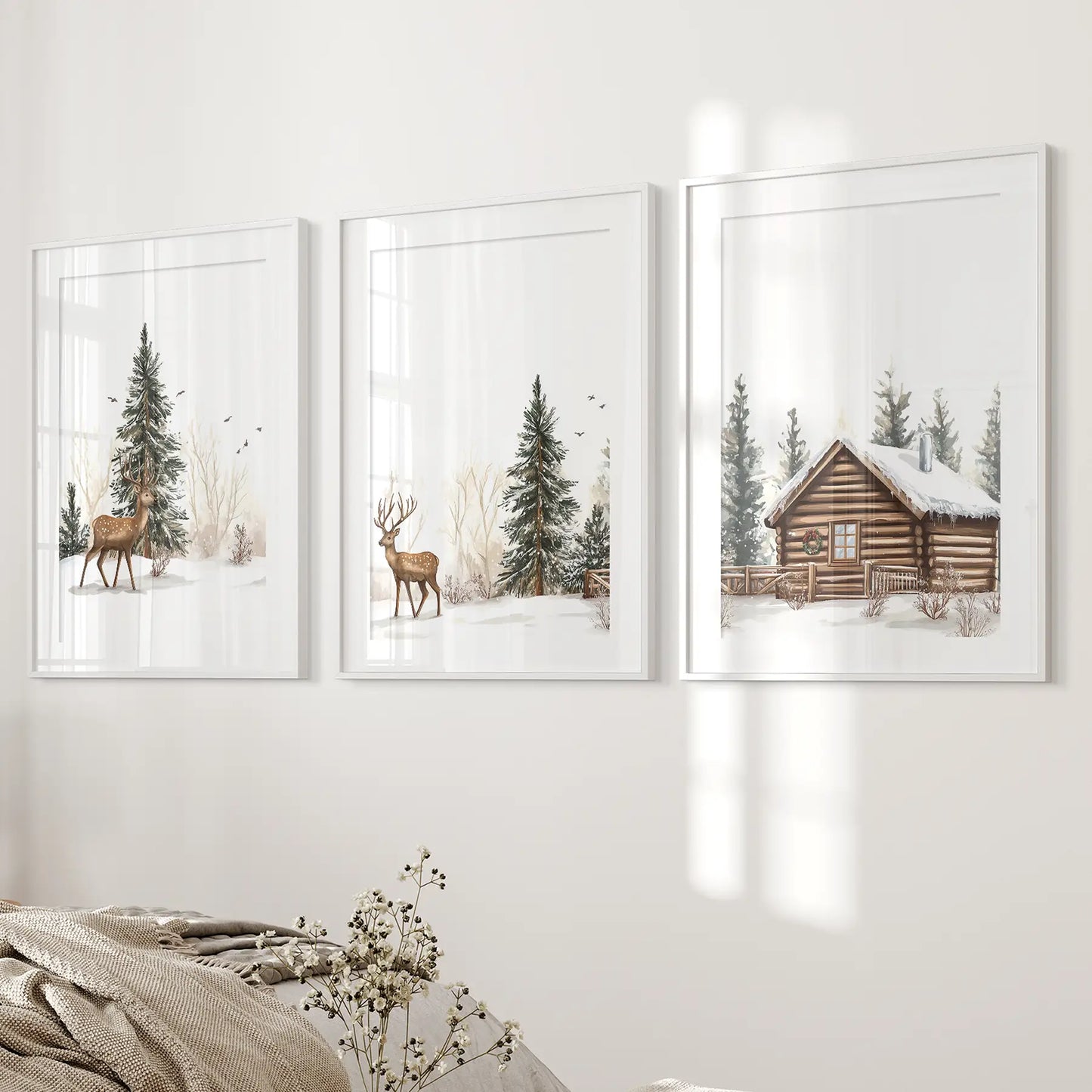 Deer and Cabin Winter 3 Piece Rustic Nordic Wall Art