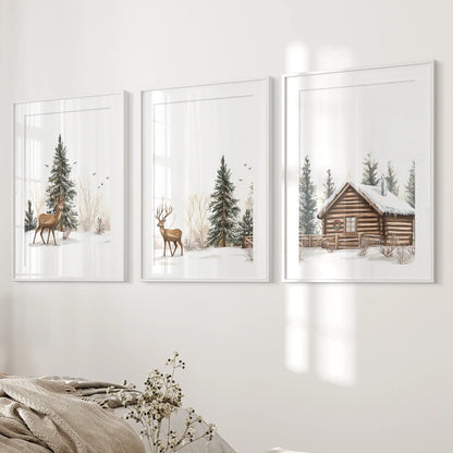 Deer and Cabin Winter 3 Piece Rustic Nordic Wall Art