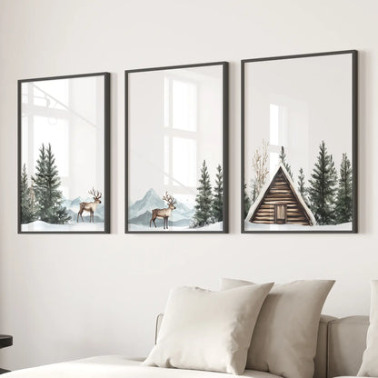 Rustic Cabin Winter Wall Art, Snowy Forest 3 Piece Set