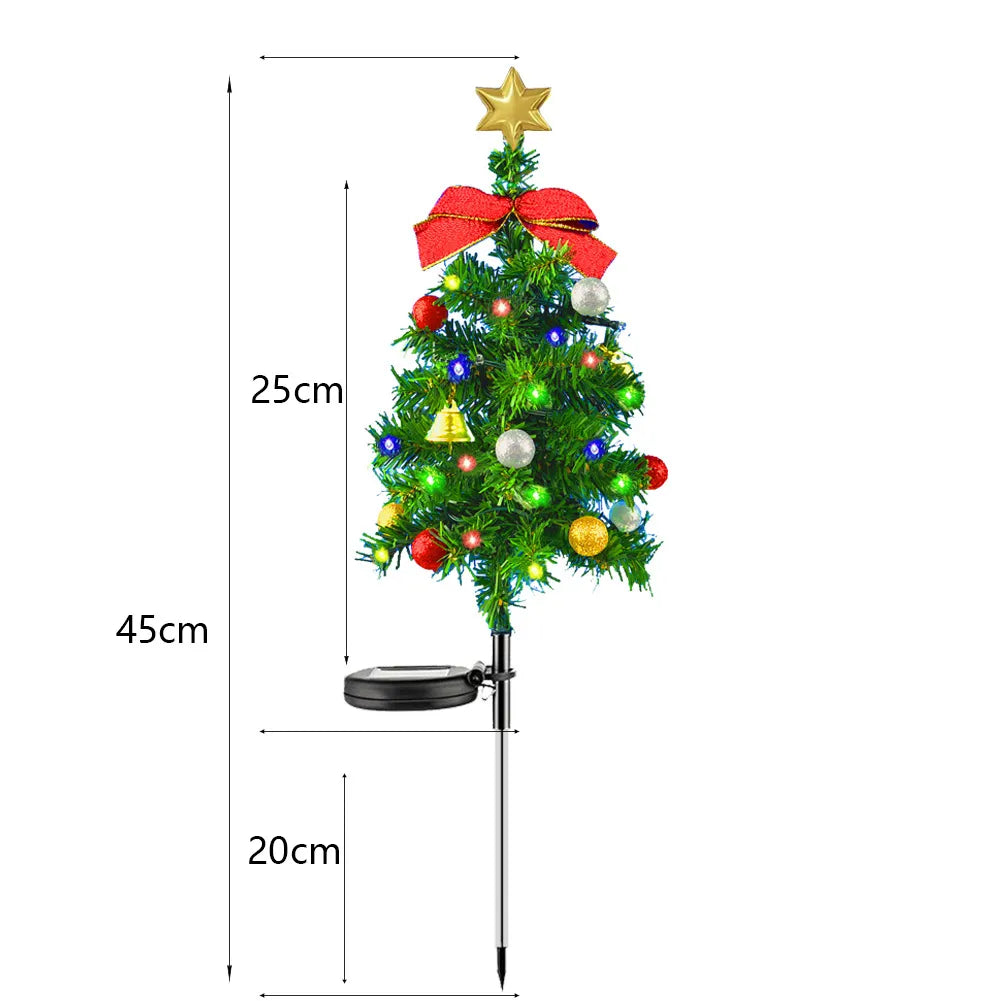 Solar Christmas tree pathway lights showing 25cm tree 45cm total height