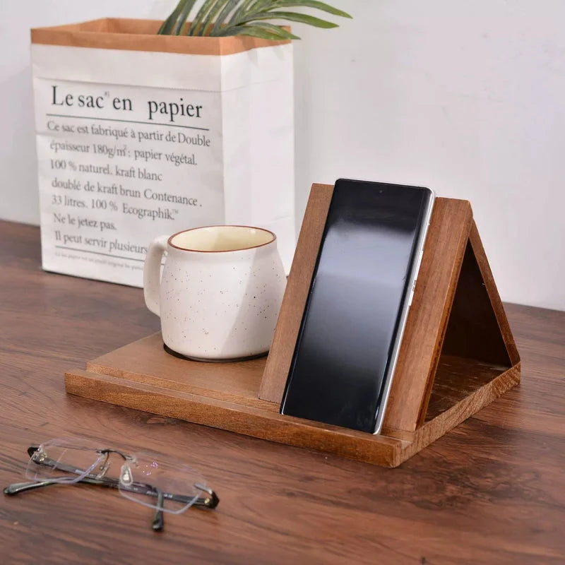 Solid wood desk stand holding smartphone and mug with bookmark display