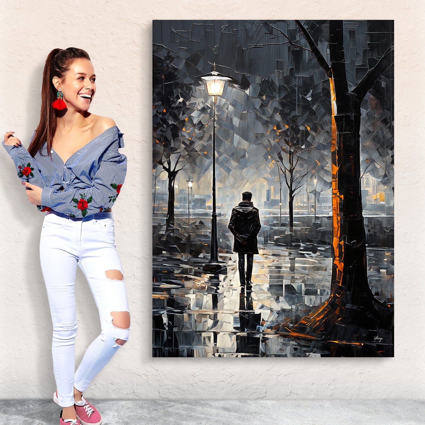 Solitary Reflection Rainy Street Canvas Wall Art