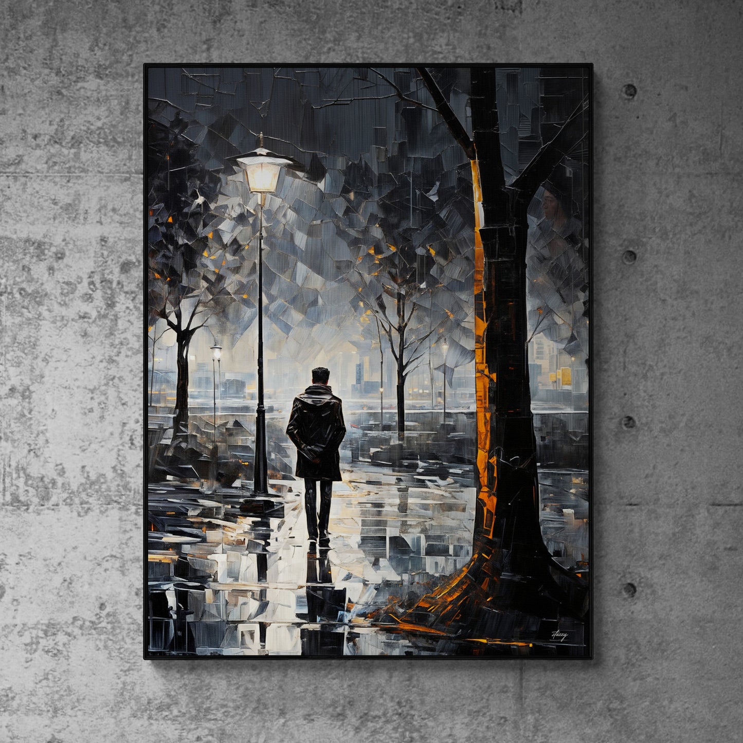 Solitary Reflection lone figure in rain canvas wall art with atmospheric mood