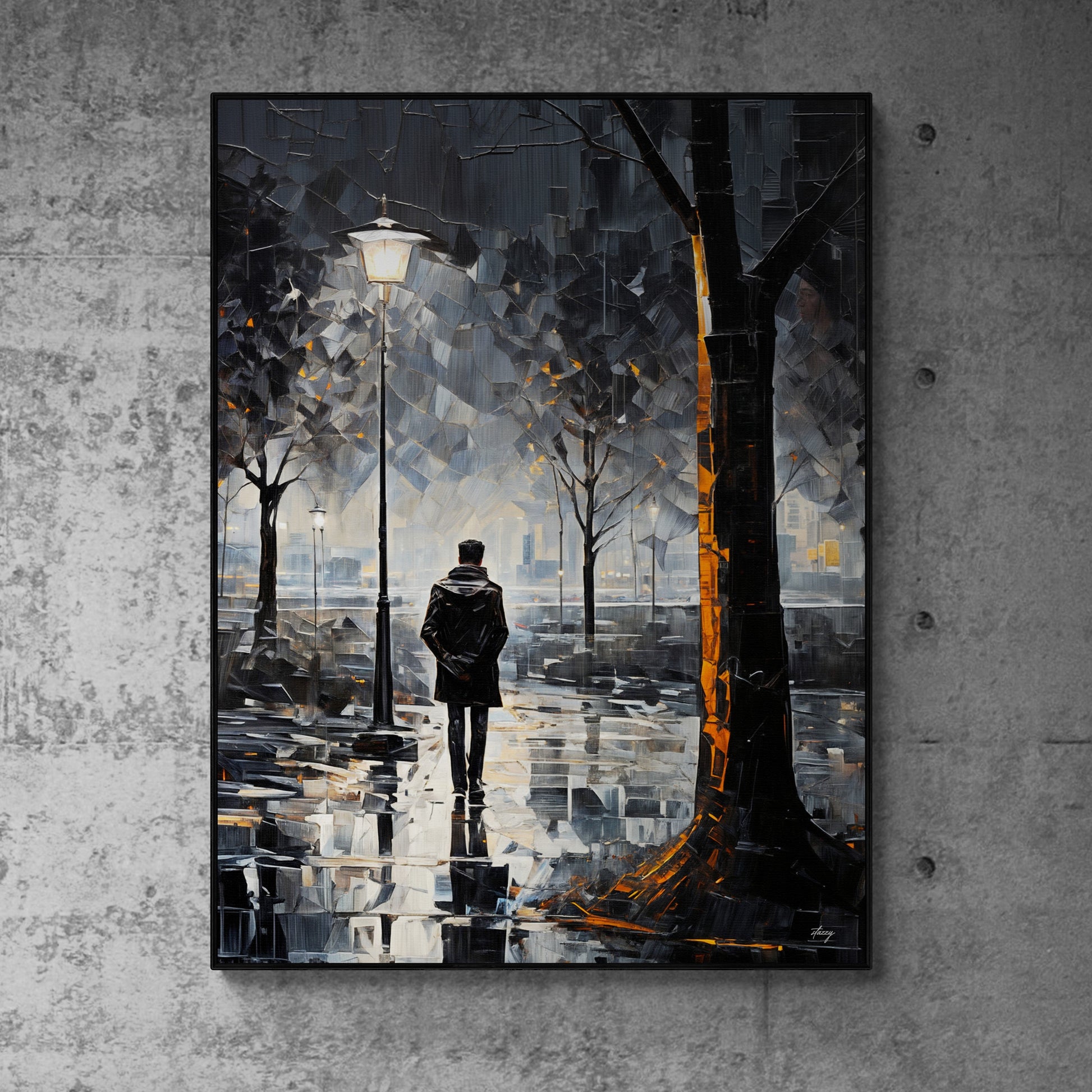 Solitary Reflection lone figure in rain canvas wall art with atmospheric mood