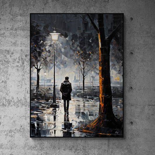 Solitary Reflection lone figure in rain canvas wall art with atmospheric mood