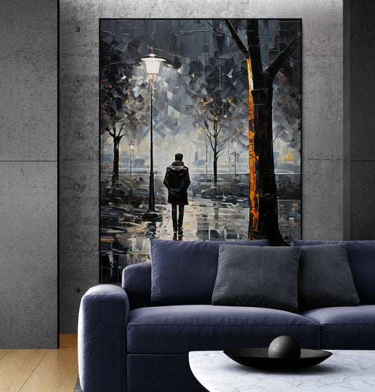 Solitary Reflection Rainy Street Canvas Wall Art