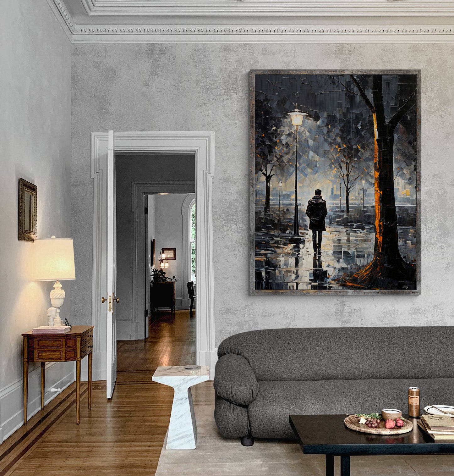 Solitary Reflection Rainy Street Canvas Wall Art