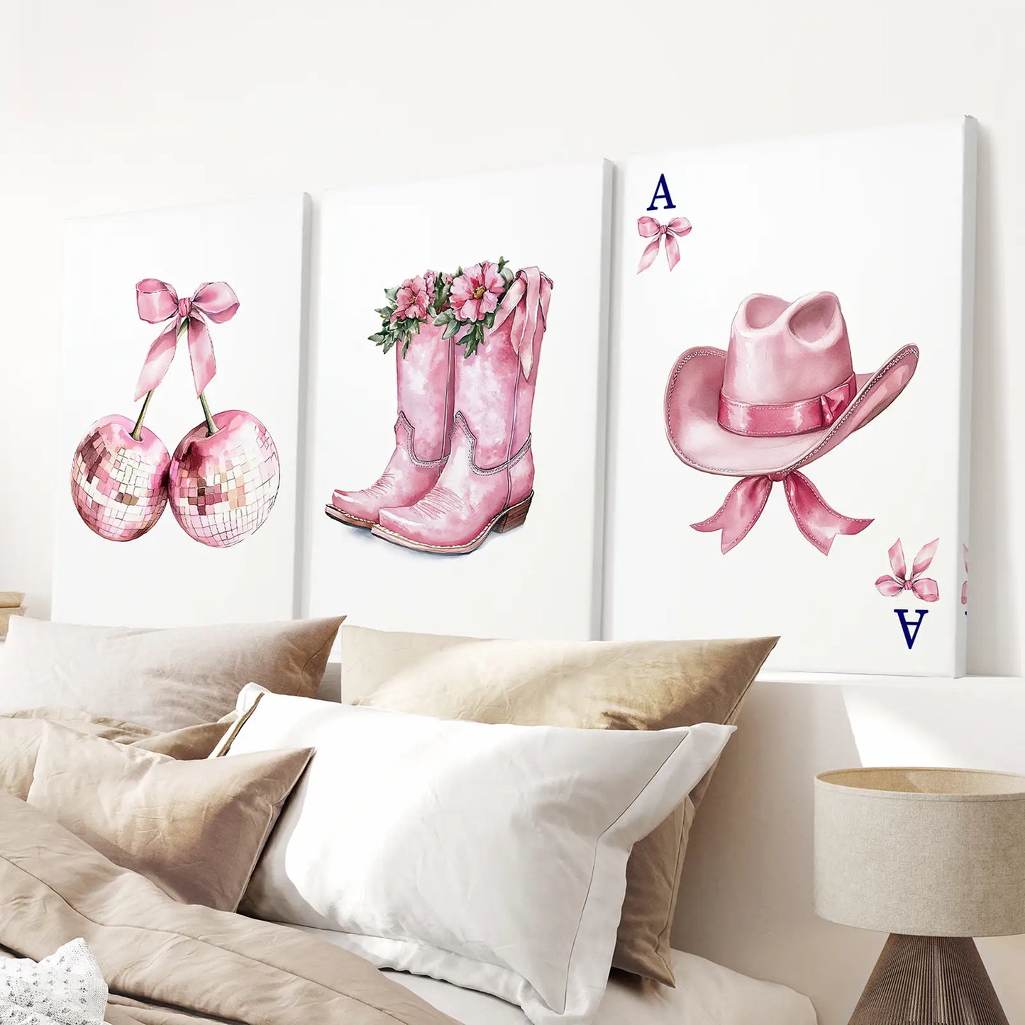 Cowgirl Hat and Boots Pink Wall Art Set of 3
