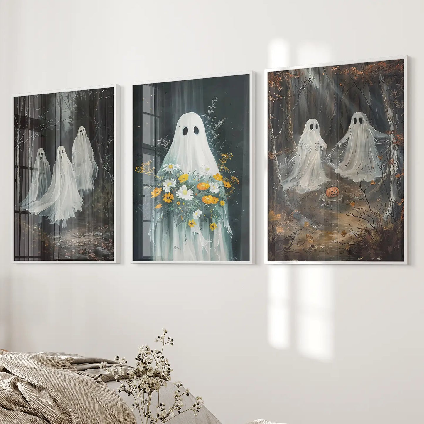 Halloween Ghosts in the Forest Wall Art Set of 3