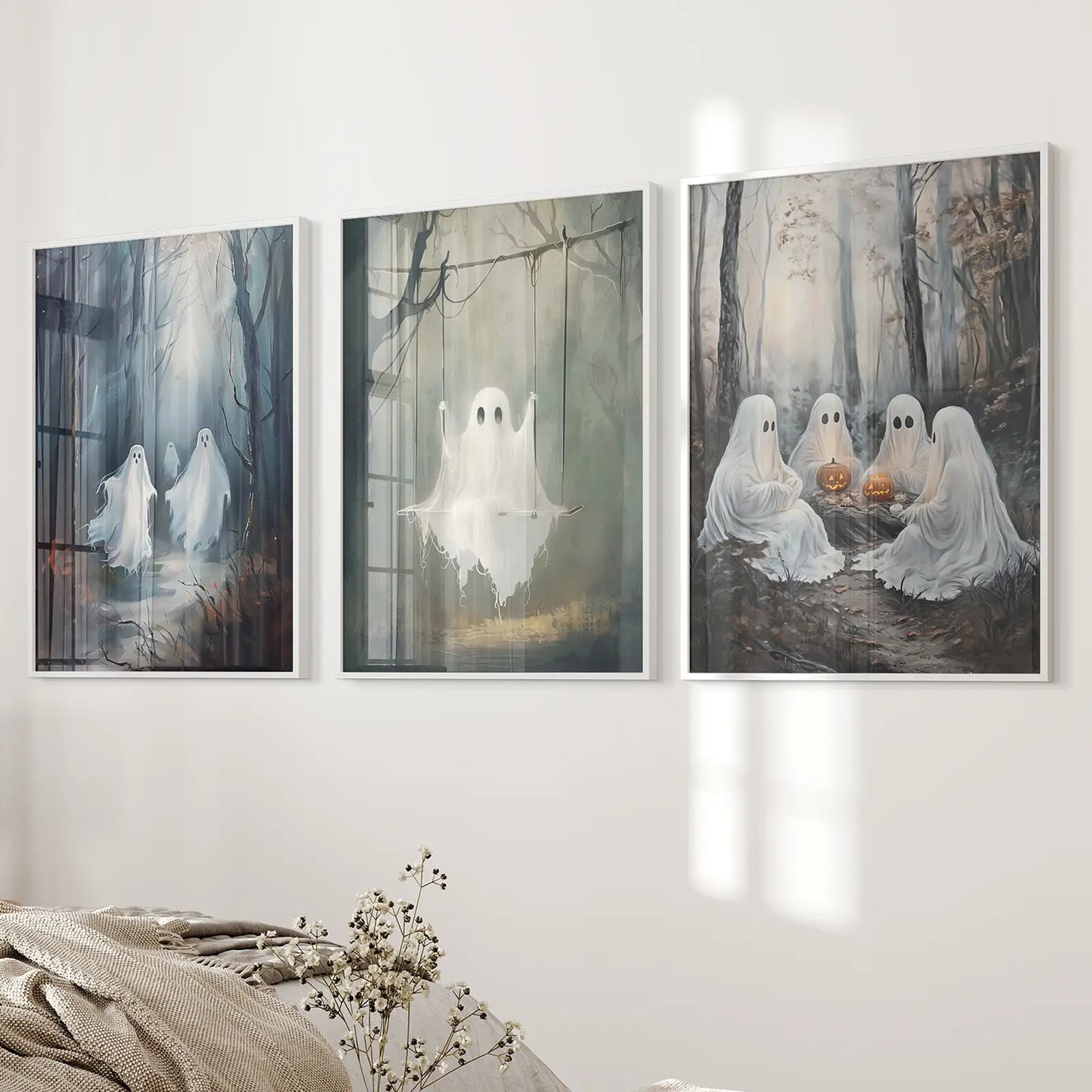 Spooky Ghost Halloween Wall Art Set of 3 Prints