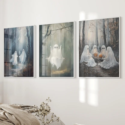 Spooky Ghost Halloween Wall Art Set of 3 Prints