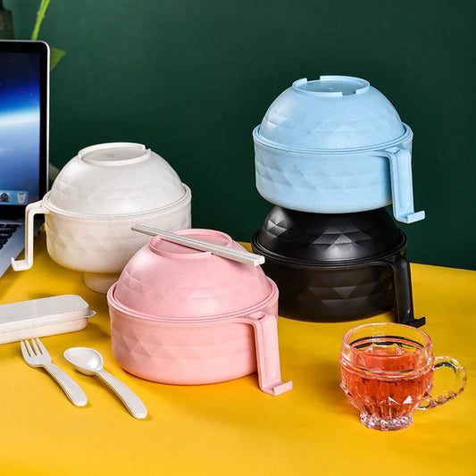 Stackable wheat straw noodle bowls with handles shown in white, blue, pink and black