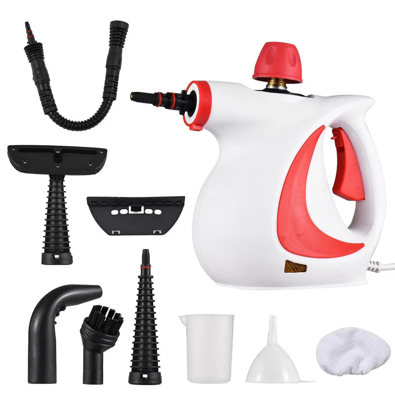 Steam cleaner accessories set including hoses, brushes, nozzles, funnel, cup, and cloth