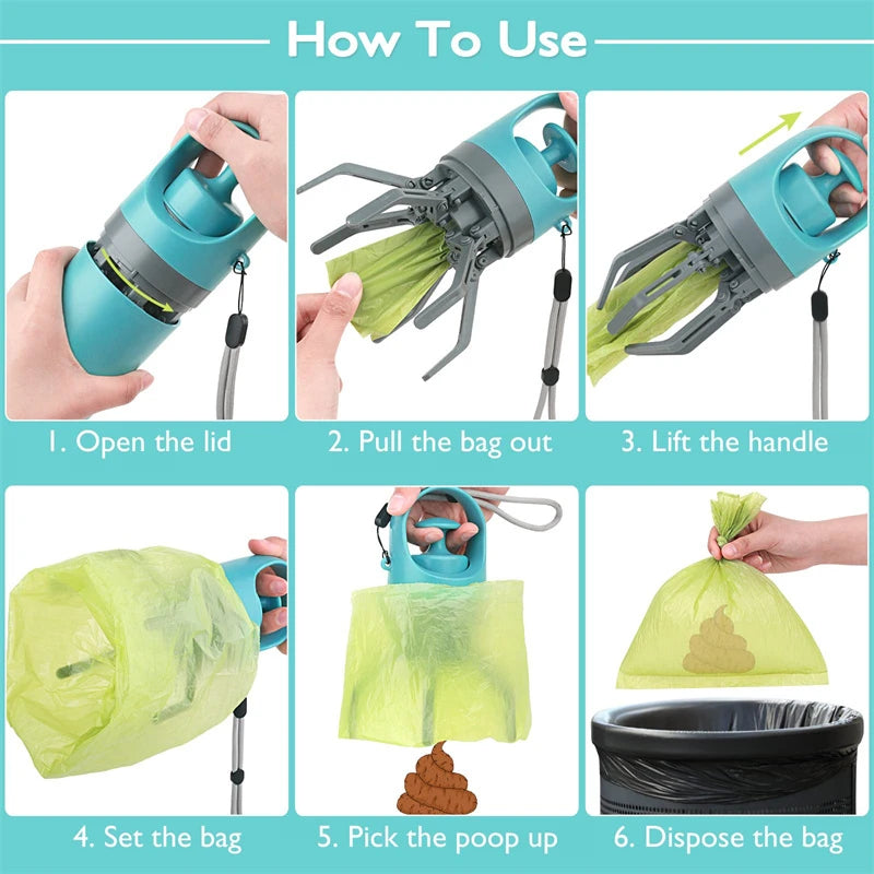 Step-by-step guide on how to use a pet waste bag dispenser with text labels.
