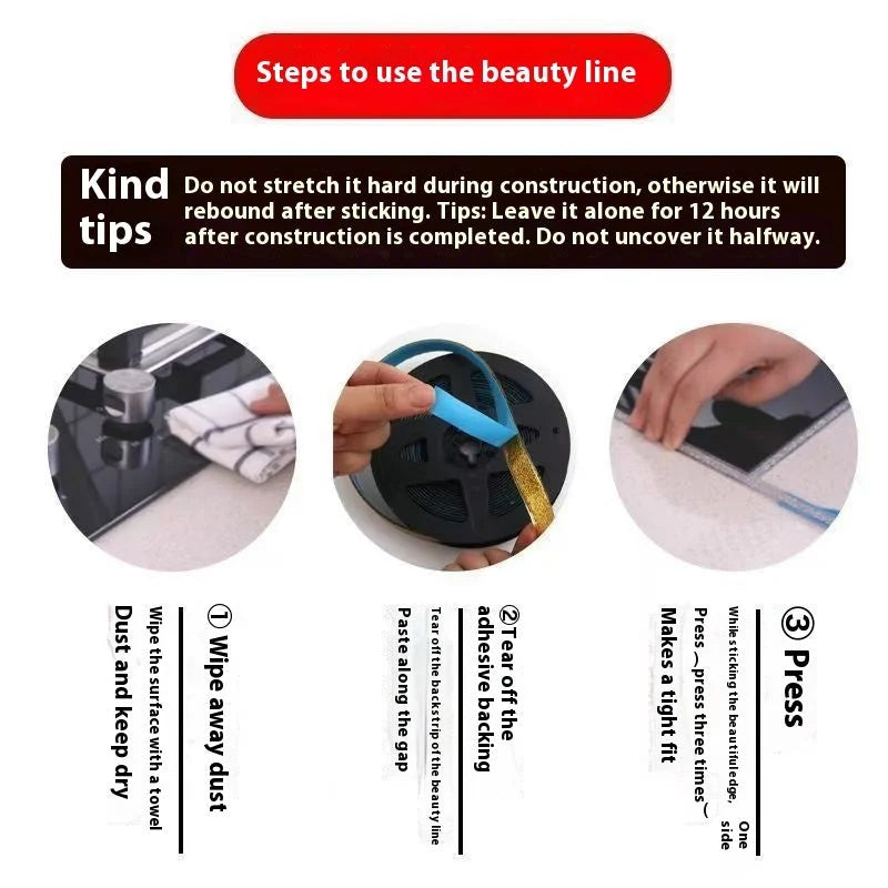Step-by-step installation guide showing how to apply waterproof beauty sealing tape with proper pressing technique