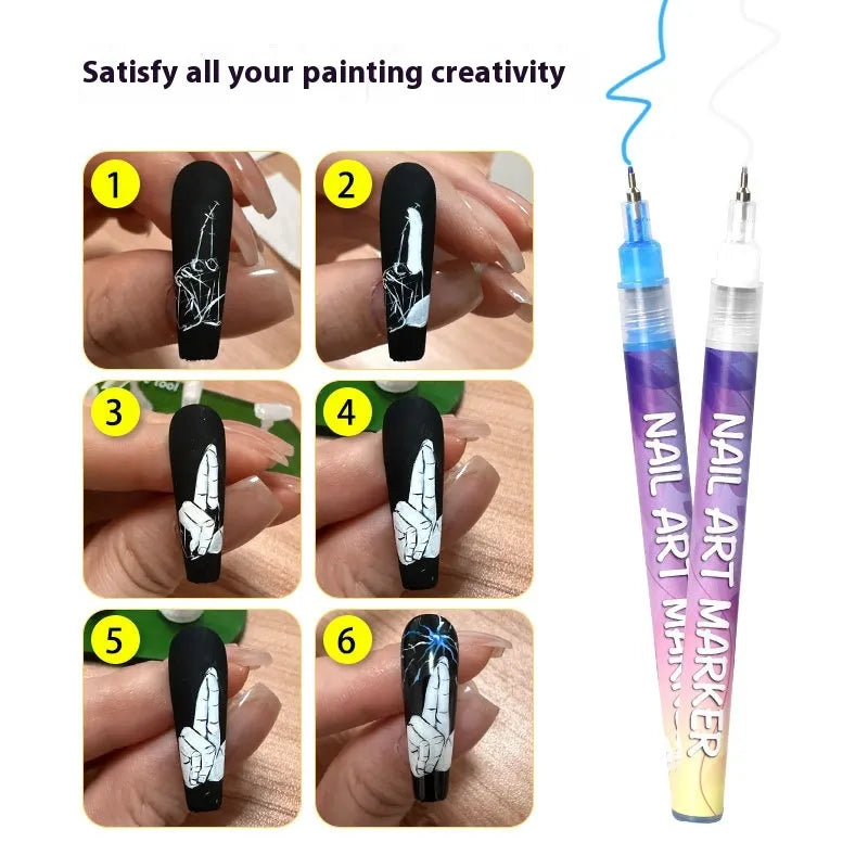 Step-by-step tutorial showing how to create geometric nail art using nail marker pens
