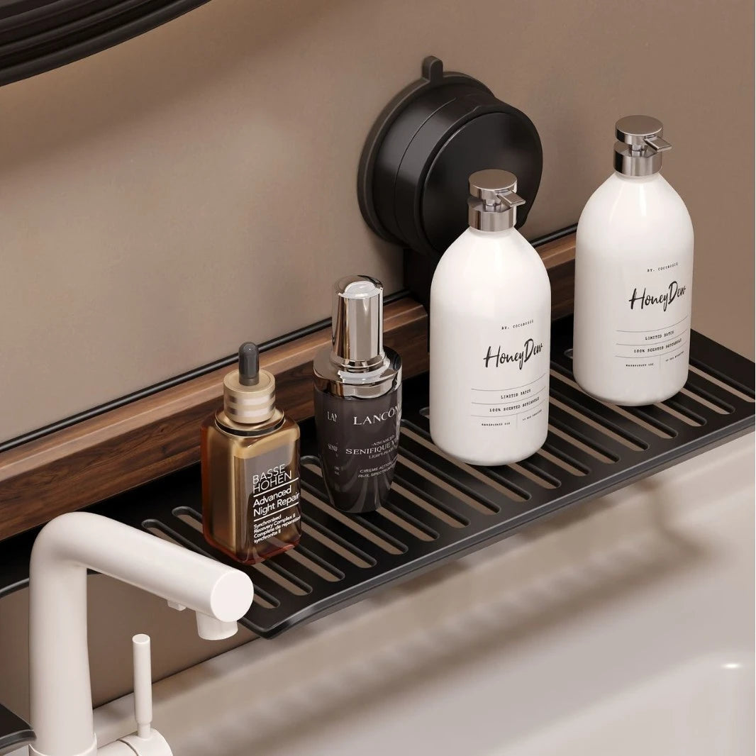 Suction cup bathroom sink shelf behind faucet with bottles