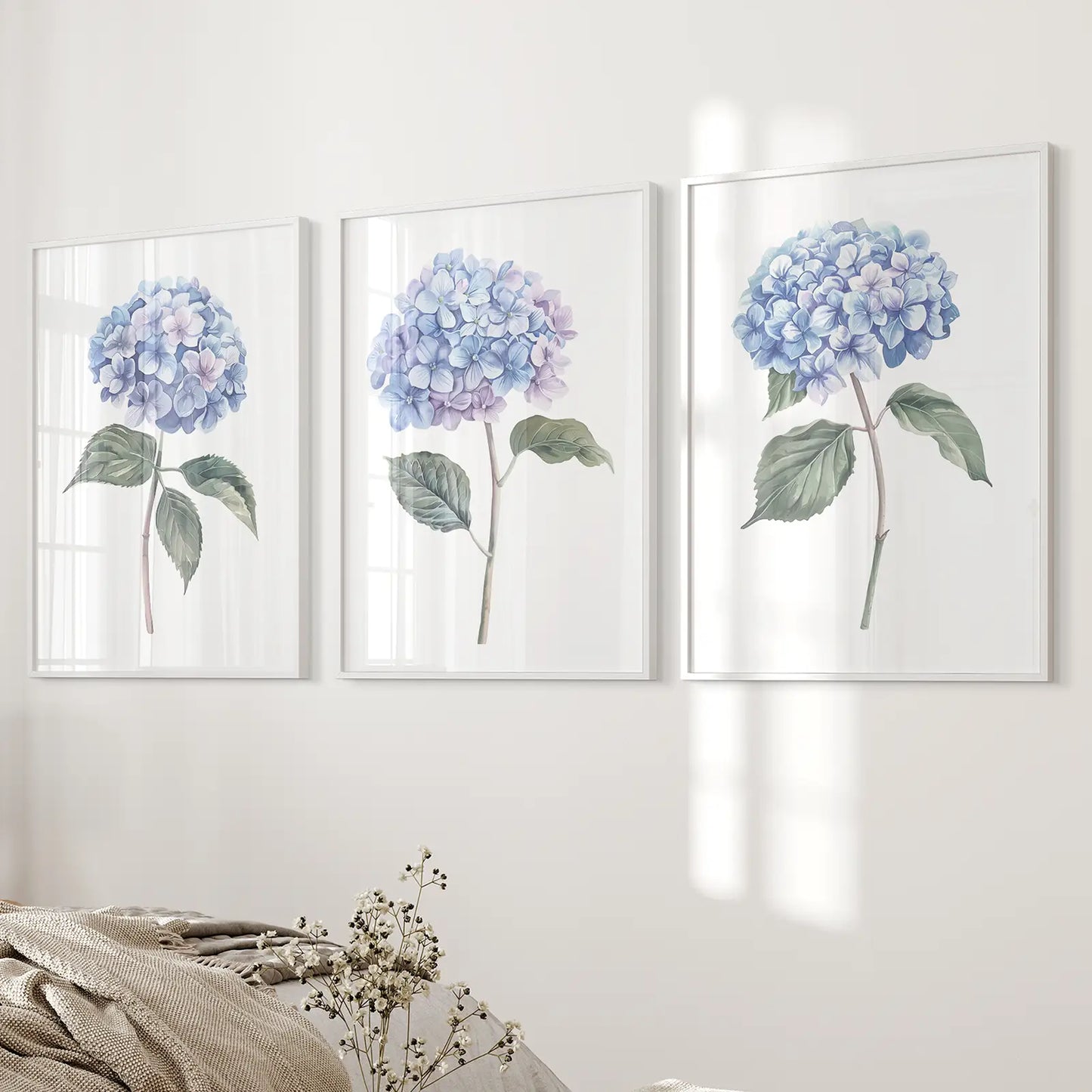 Light Blue Hydrangea Wall Art Set of 3 Floral Prints