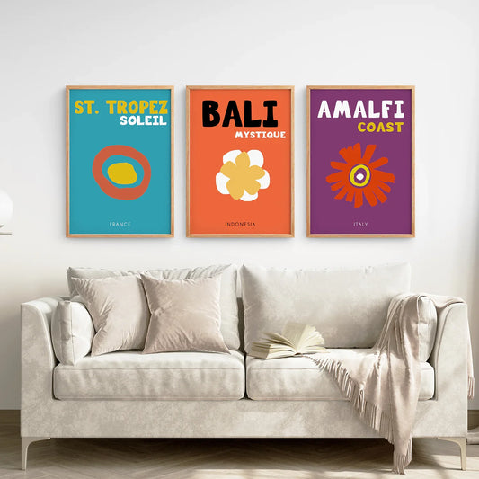 Preppy Travel Wall Art Set of 3, Colorful Poster Bundle